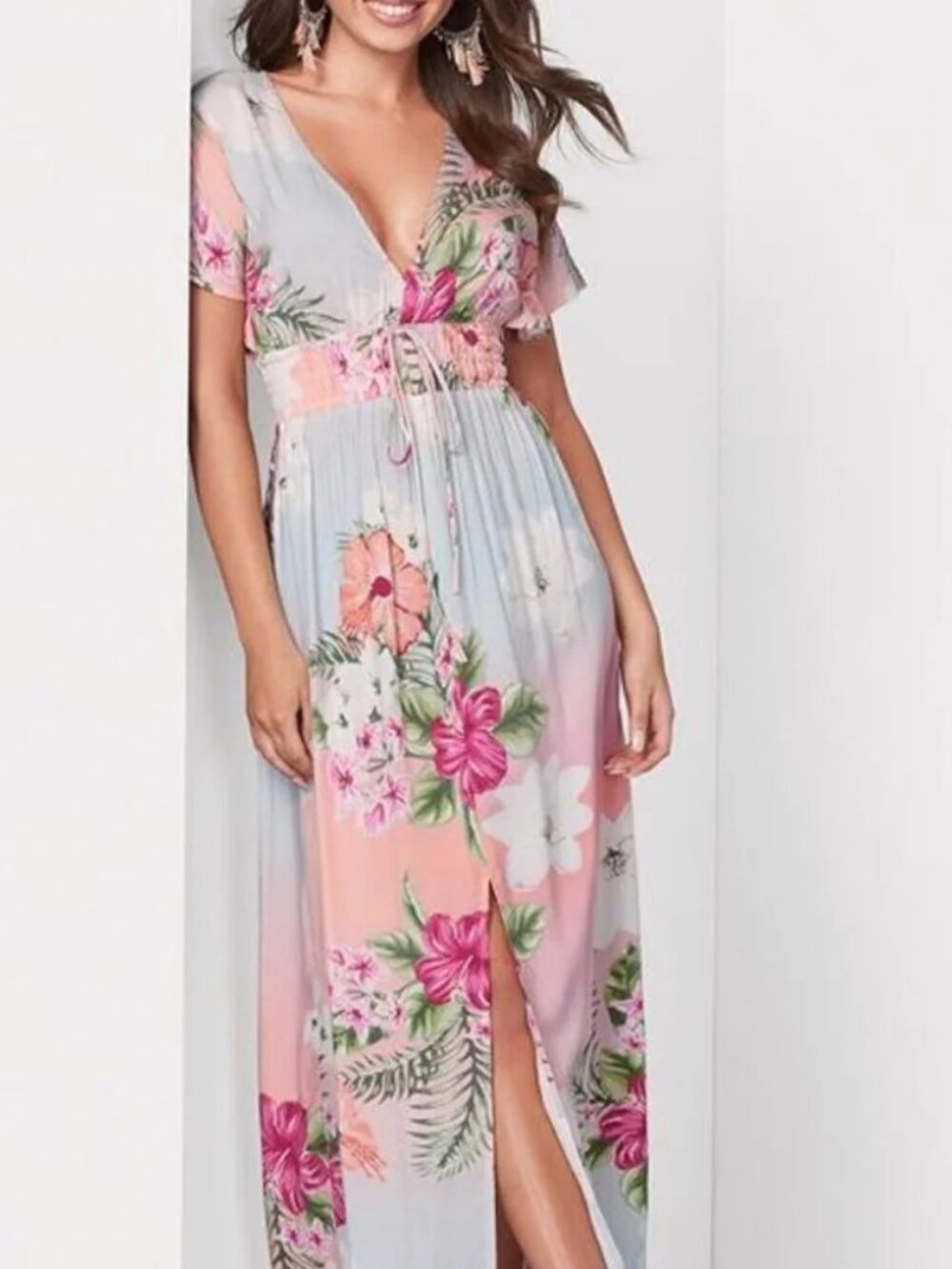 Venus Floral Bohemian Tropical Smocked Maxi Dress--Large